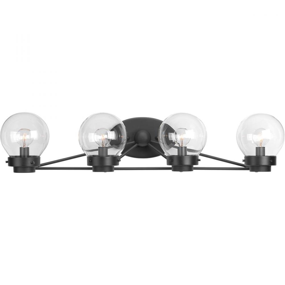 Spatial Collection Four-Light Matte Black Clear Glass Global Bath Vanity Light