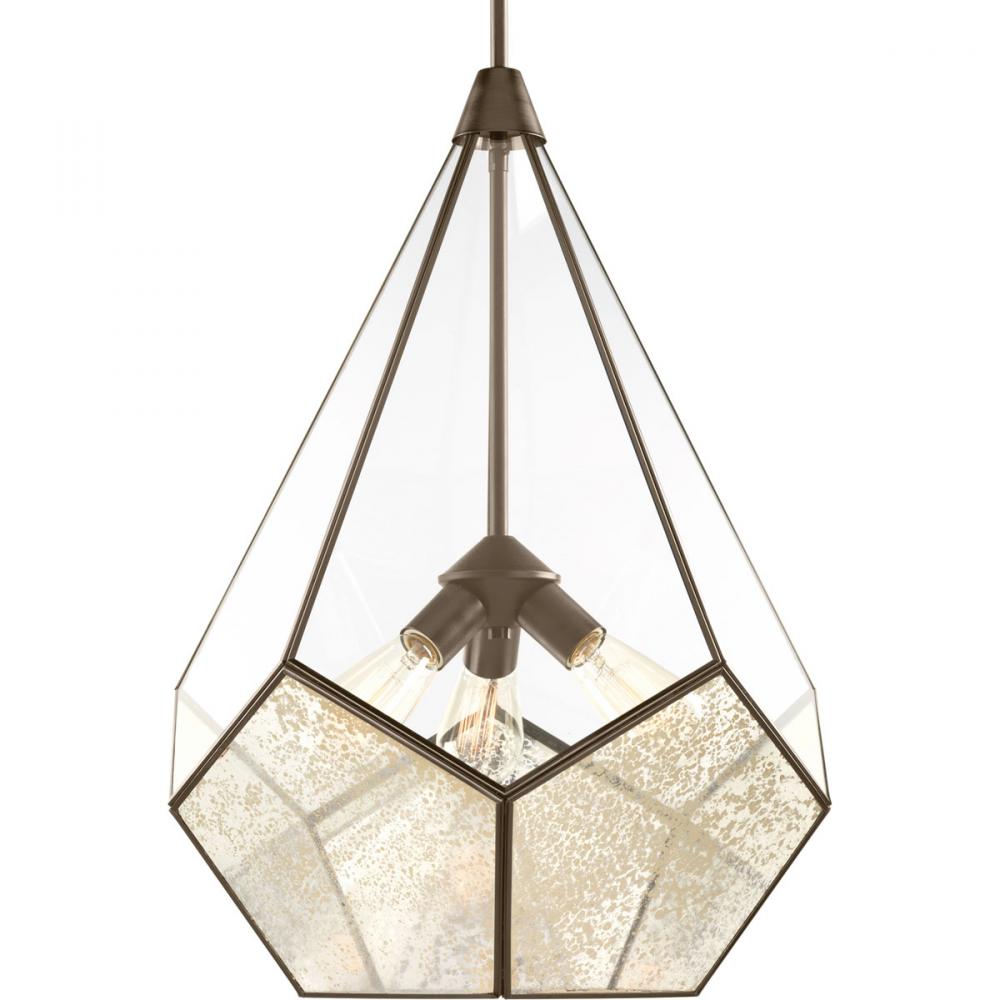 Cinq Collection Three-Light Antique Bronze Antique Mirror Glass Global Pendant Light