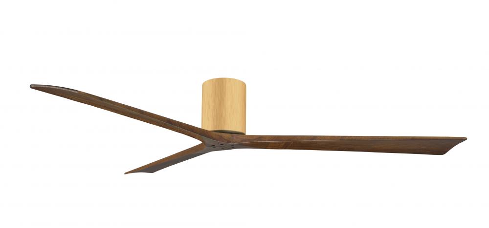 Irene-3H three-blade flush mount paddle fan in Light Maple finish with 72” Walnut tone blades. 