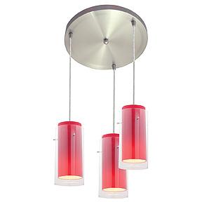 Three Light Brushed Steel Clear Outer Red Inner Glass Multi Light Pendant